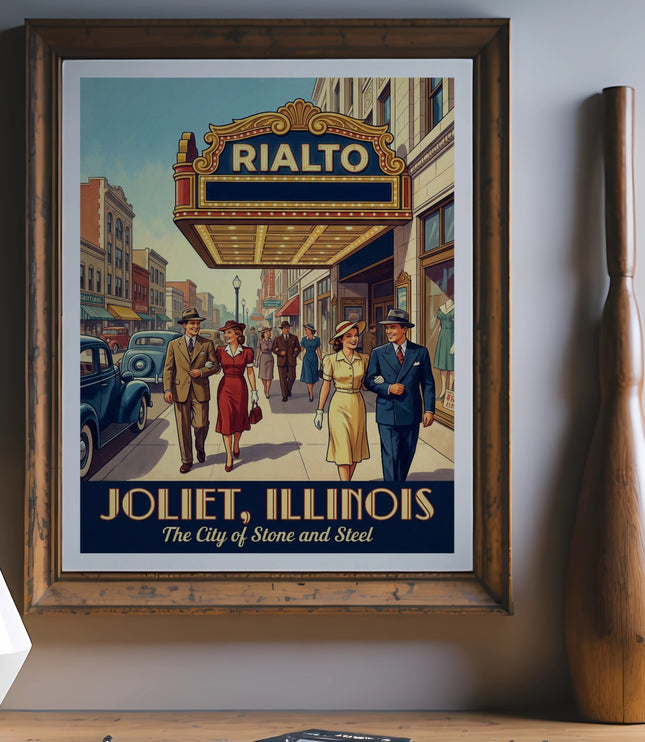 Joliet, Illinois Rialto Theater vintage poster with couples walking.