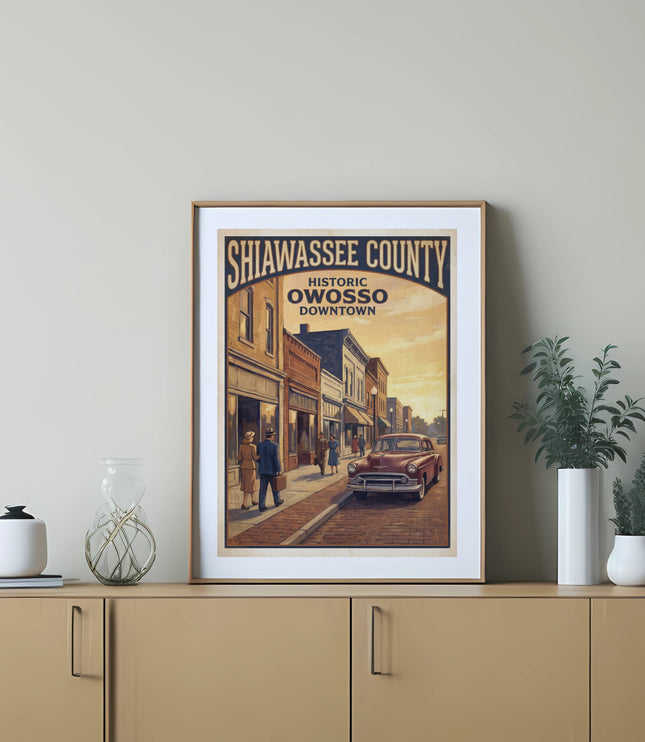 Poster of Shiawassee County Owosso Downtown with vintage car, buildings, and people.
