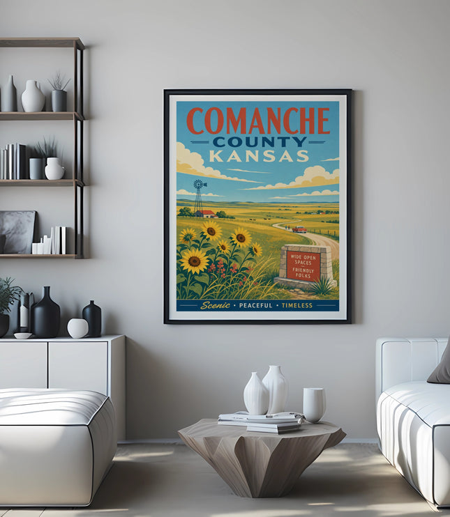 Comanche County Kansas travel poster with sunflowers, windmill, and rural scenery.