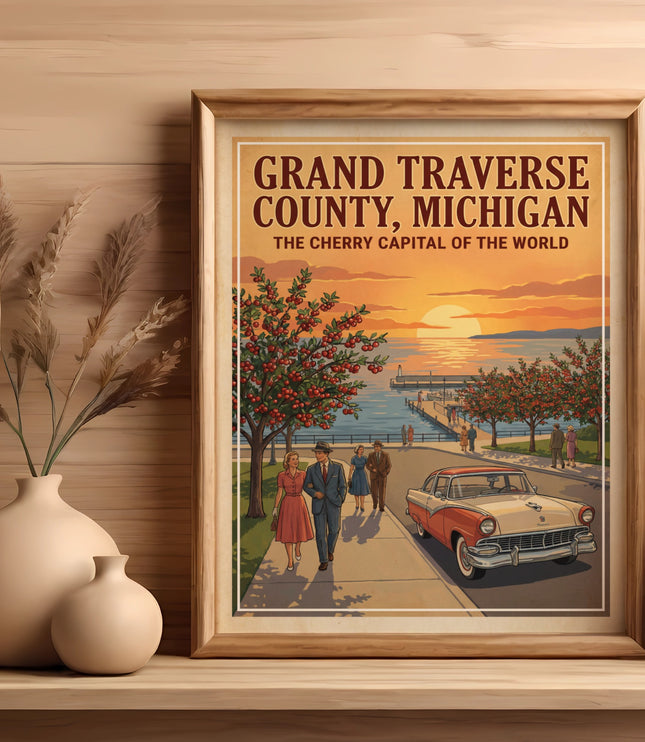 Grand Traverse County, Michigan poster with vintage car, people, and cherry trees at sunset.