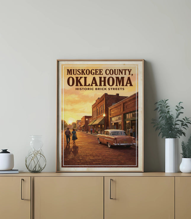 Poster featuring Muskogee County, Oklahoma and historic brick streets with a vintage car.