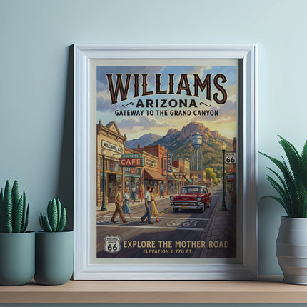 Williams, Arizona Route 66 vintage travel poster with classic car.