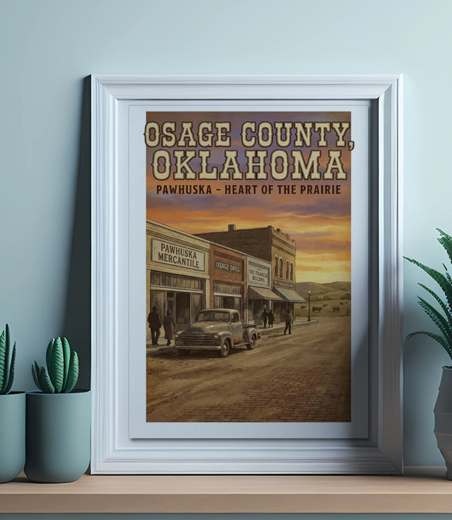 Osage County, Oklahoma poster with Pawhuska storefront and vintage truck.