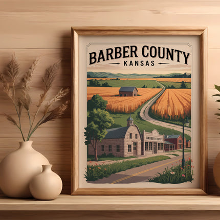 Framed vintage artwork of Barber County, Kansas, featuring a rural landscape.