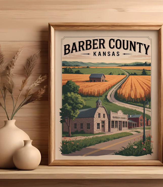 Framed vintage artwork of Barber County, Kansas, featuring a rural landscape.