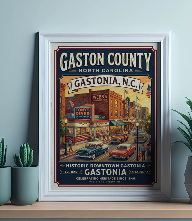 Gaston County, Gastonia, N.C. vintage travel poster with downtown scene and cars.