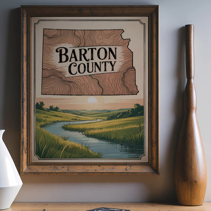 Map of Barton County, Kansas, with river, rolling hills, and sun.