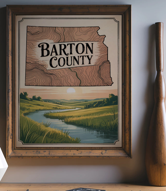 Map of Barton County, Kansas, with river, rolling hills, and sun.