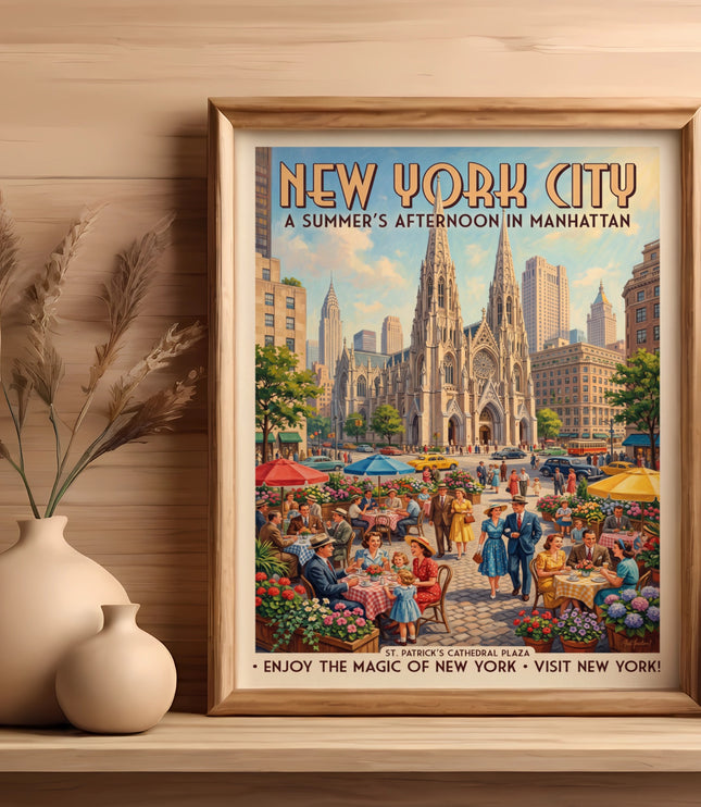 "New York City A Summer's Afternoon in Manhattan" poster with St. Patrick's Cathedral.