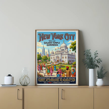 New York City Golden Temple Gurdawara poster with people and text.