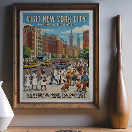 Vintage poster of New York City's health center district with cheerful people.