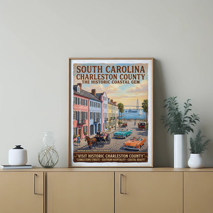Vintage poster of Charleston County, South Carolina with historic buildings, cars, and horse carriage.