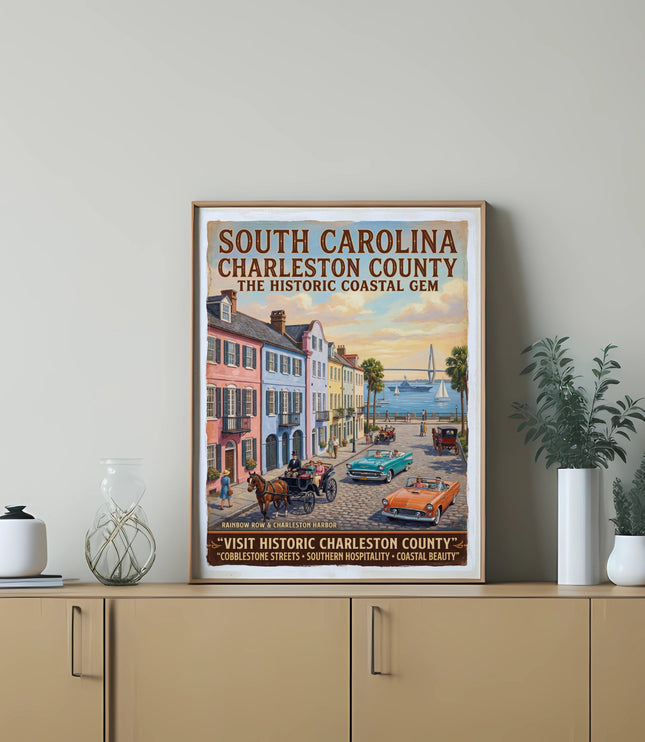 Vintage poster of Charleston County, South Carolina with historic buildings, cars, and horse carriage.