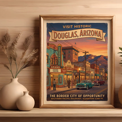 Vintage travel poster of Douglas, Arizona, featuring historic buildings and cars.