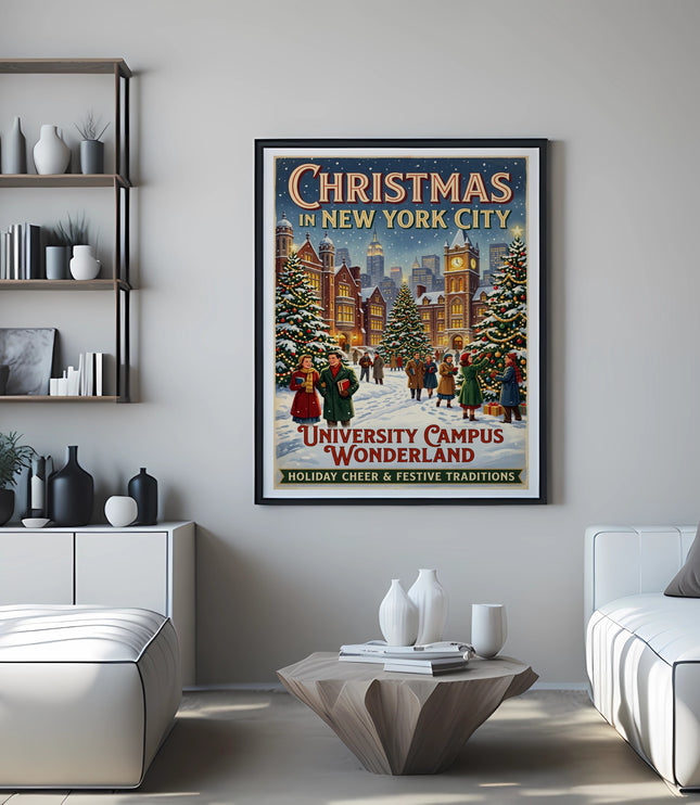 Christmas in New York City poster featuring a snowy university campus with decorations.