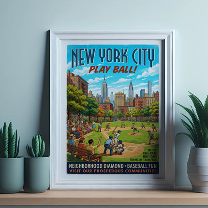 New York City "Play Ball!" baseball vintage poster with city skyline and baseball game.