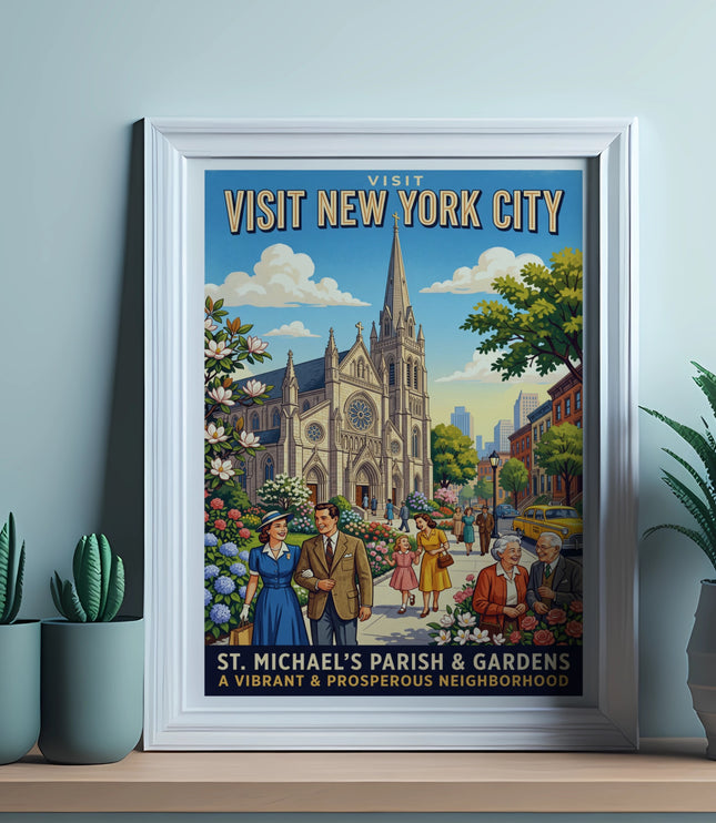 Vintage poster of NYC with St. Michael's church, gardens, and people.