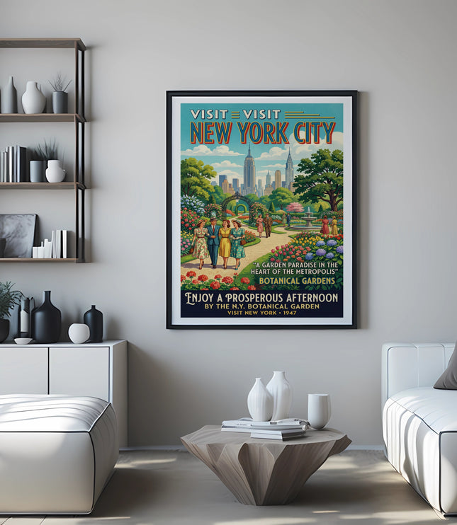 Vintage New York City Botanical Gardens travel poster with text.