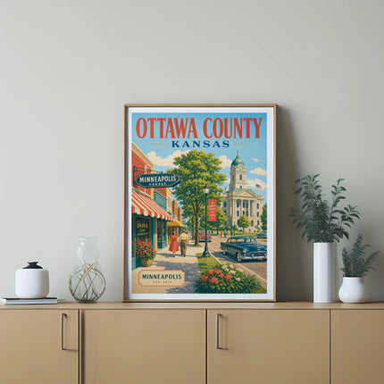 Vintage Minneapolis, Kansas, Ottawa County poster with building and car.