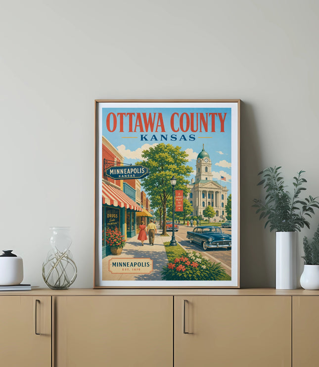 Vintage Minneapolis, Kansas, Ottawa County poster with building and car.