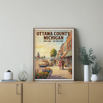 Ottawa County, Michigan Holland – On the Lake vintage travel poster illustration.