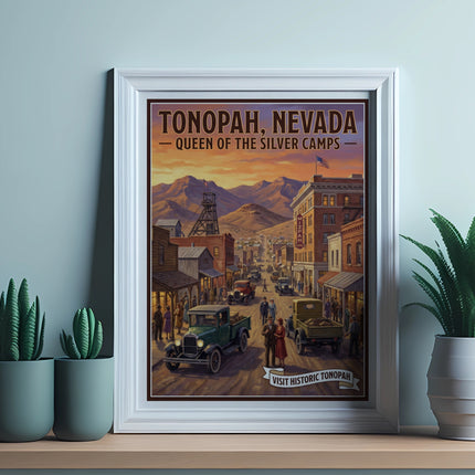 Retro poster of Tonopah, Nevada, Queen of the Silver Camps, with vintage cars and buildings.