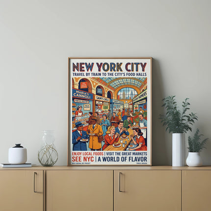 New York City travel poster: food halls, markets, and local produce.