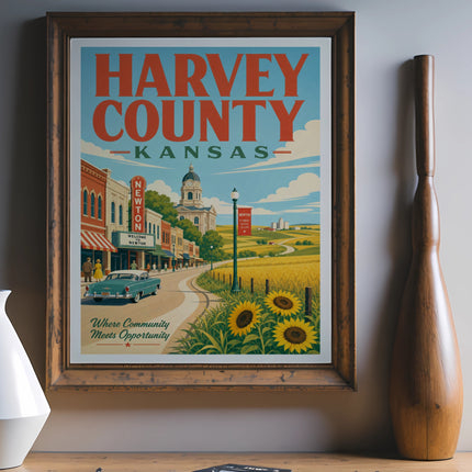 Harvey County, Kansas poster featuring Newton town square and sunflowers.