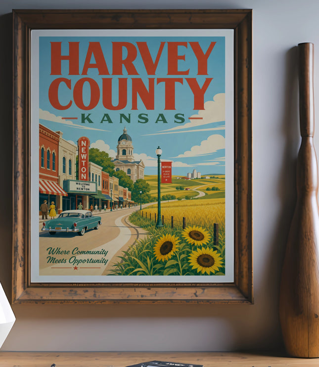 Harvey County, Kansas poster featuring Newton town square and sunflowers.