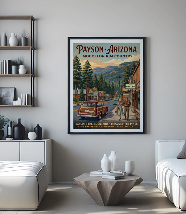 Vintage poster for Payson, Arizona, featuring a street scene with a woody car.