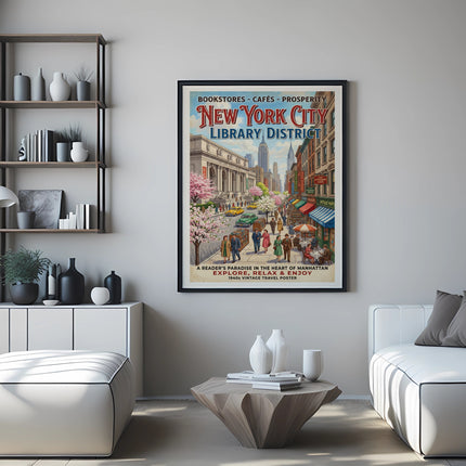 New York City Library District vintage travel poster.