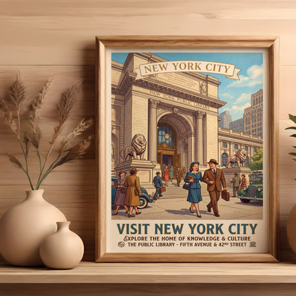 Vintage New York City poster featuring the Public Library on Fifth Avenue.