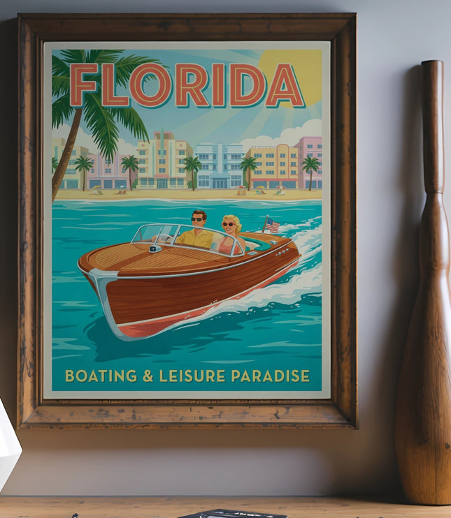 Vintage Florida poster with couple on a boat, text reads "Florida Boating & Leisure Paradise".