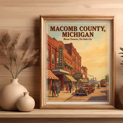 Vintage poster art of Macomb County, Michigan featuring Mount Clemens street scene.
