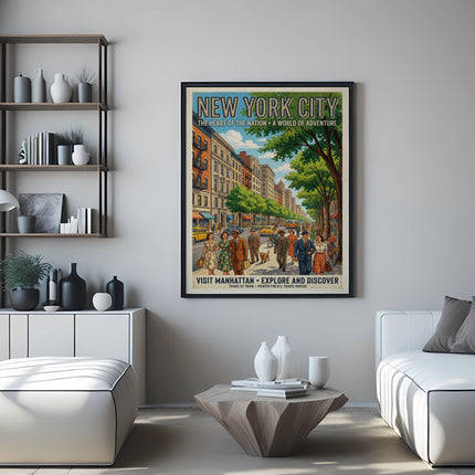 New York City travel poster with text, depicting a busy street scene.