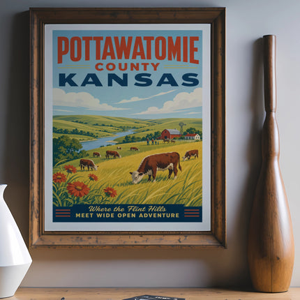 Pottawatomie County Kansas travel poster with cows and landscape.