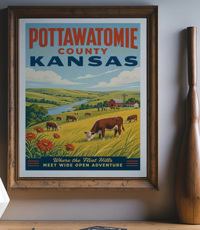 Pottawatomie County Kansas travel poster with cows and landscape.