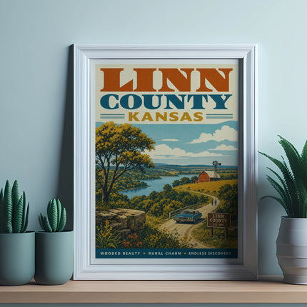 Vintage travel poster for Linn County, Kansas, featuring a scenic landscape and barn.