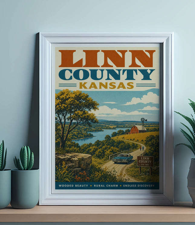 Vintage travel poster for Linn County, Kansas, featuring a scenic landscape and barn.