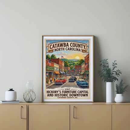 Catawba County, North Carolina poster with downtown street scene and text.