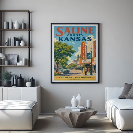 Vintage Saline County, Kansas poster with Paramount Theater and Salina welcome text.