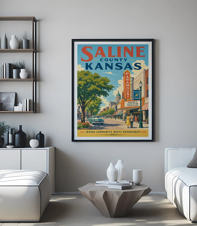 Vintage Saline County, Kansas poster with Paramount Theater and Salina welcome text.