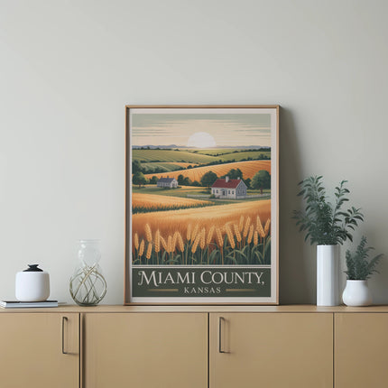 Framed landscape art of Miami County, Kansas with fields of wheat and houses.