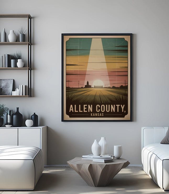 Allen County, Kansas vintage travel poster with sunset over a field.