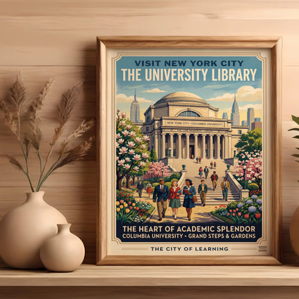 Columbia University Library, Grand Steps & Gardens poster with people walking.
