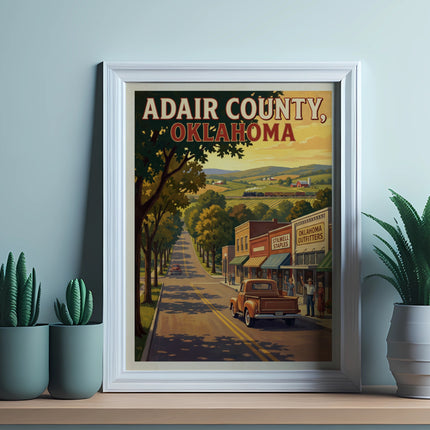 Adair County, Oklahoma vintage travel poster with main street and train.
