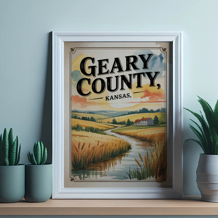 Framed artwork depicting a rural landscape with a creek and text "GEARY COUNTY, KANSAS."
