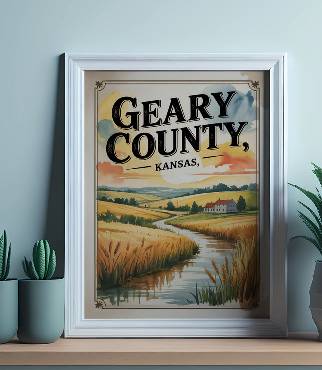 Framed artwork depicting a rural landscape with a creek and text "GEARY COUNTY, KANSAS."