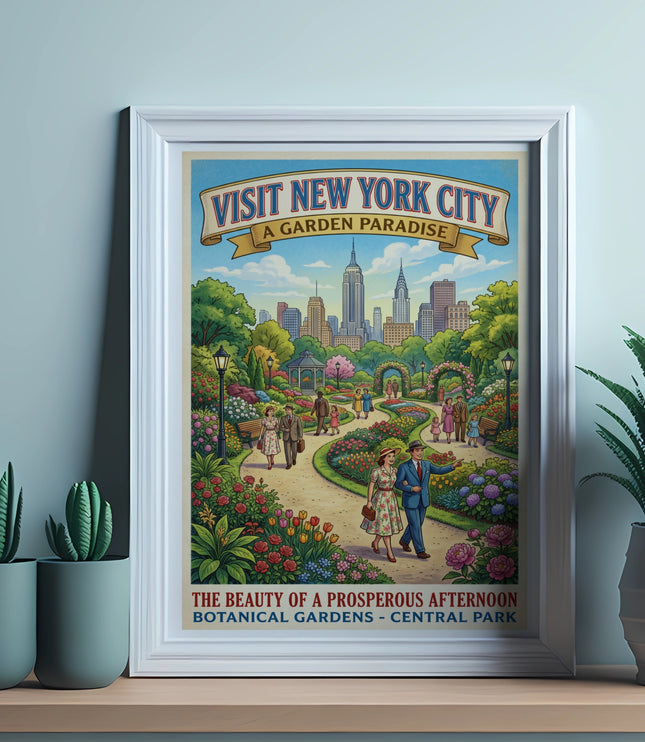 Vintage New York City botanical garden poster with skyline and people.
