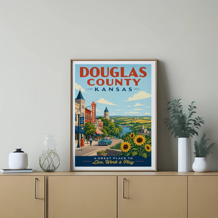 Douglas County, Kansas poster with sunflowers, a car, and text.